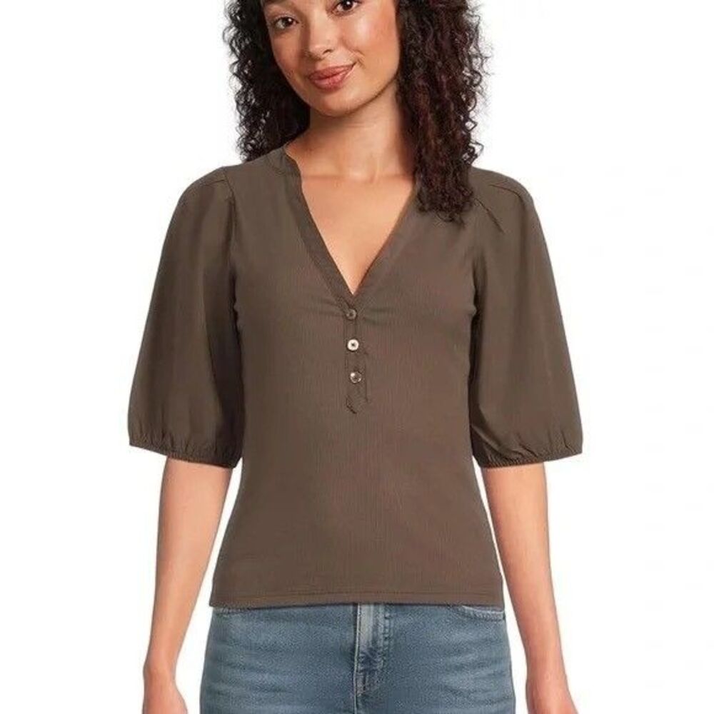 MADEWELL Puff-Sleeve Henley Knit Top XS Roasted Chicory Brown NWT B6